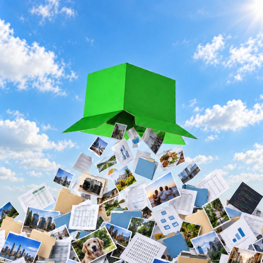 $DATA — a green box in the sky spilling photos, files and documents
